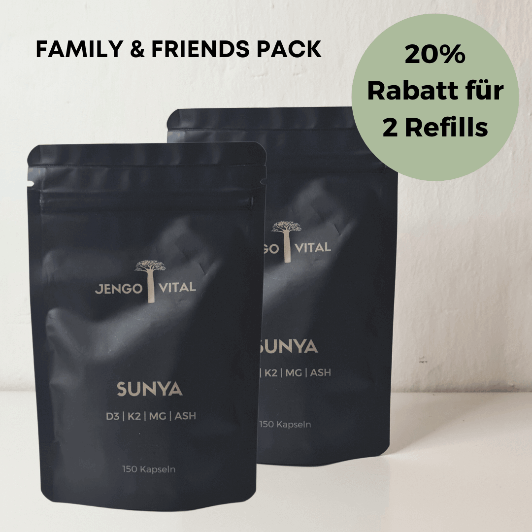 Doppelpack mit 20% Rabatt der Jengovital Sunya Kapseln im nachhaltigen Refill-Beutel mit Vitamin D3, Vitamin K2, Magnesium und Ashwagandha. 2x 5-Monats-Vorrat.