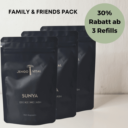 3-er Pack mit 30% Rabatt der Jengovital Sunya Kapseln im nachhaltigen Refill-Beutel mit Vitamin D3, Vitamin K2, Magnesium und Ashwagandha. 3x 5-Monats-Vorrat.