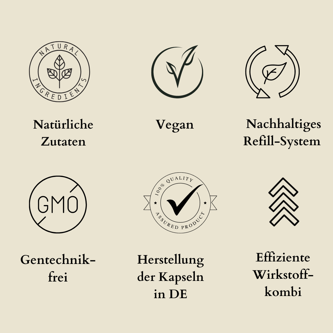 Vorteile der Jengovital Sunya Kapseln: Natürliche Zutaten, Vegan, Nachhaltiges Refill-System, Gentechnikfrei, Herstellung der Kapseln in Deutschland, effiziente Wirkstoffkombination