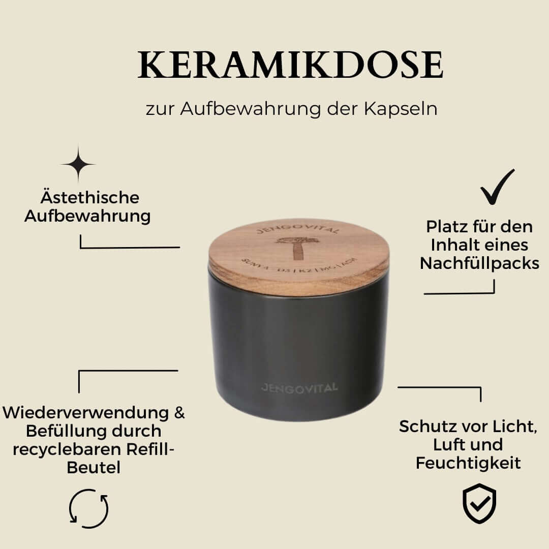 Jengovital Sunya Kapseldose: ästhetische schwarze Keramikdose mit Naturholzdeckel zur Aufbewahrung von Nahrungsergänzung: Vitamin D3, K2, Magnesium und Ashwagandha