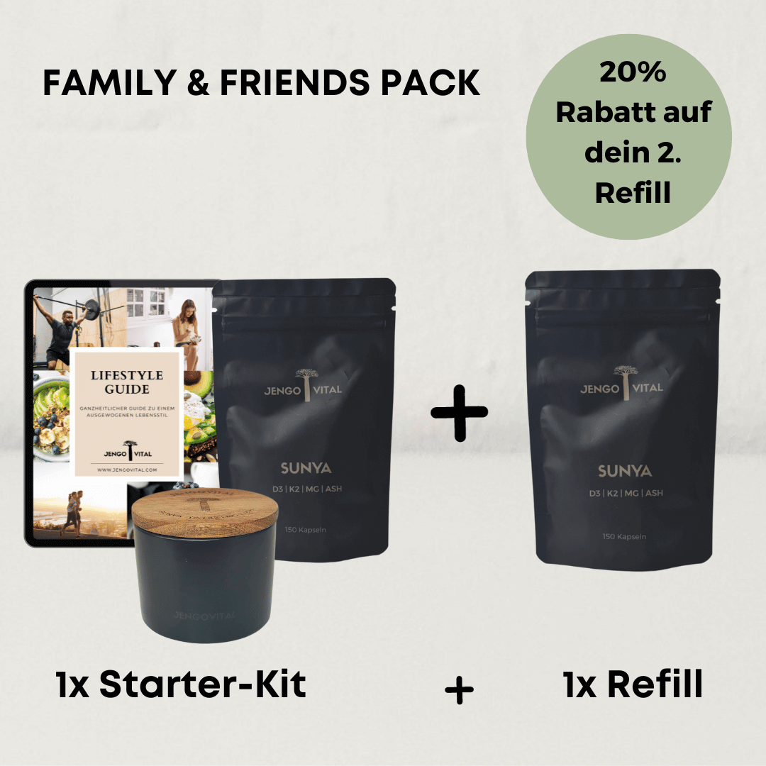 Starter-Kit mit einem zusätzlichen Refill mit 20% Rabatt: 2x Sunya Kapseln im nachhaltigen Refill-Beutel mit Vitamin D3, Vitamin K2, Magnesium und Ashwagandha. Dazu die schwarze Keramikdose mit Naturholzdeckel zur ästhetischen Aufbewahrung und dem Lifesty