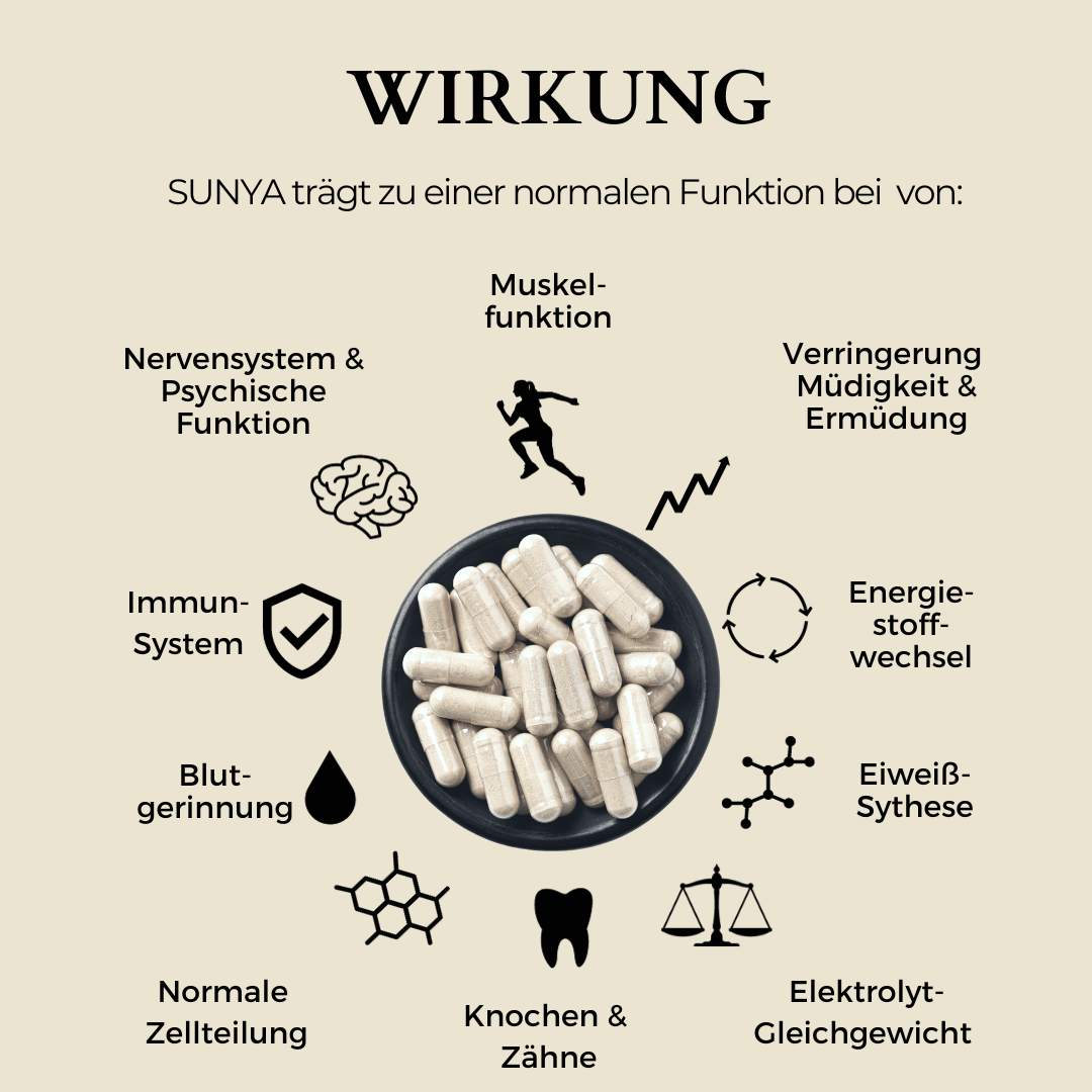 Wirkweise der Jengovital Sunya Kapseln zur Nahrungsergänzung: Vitamin D3, K2, Magnesium und Ashwagandha tragen zu einer normalen Funktion des Immunsystems, Energiestoffwechsels, Muskelfunktion etc. bei sowie zur Verringerung von Müdigkeit